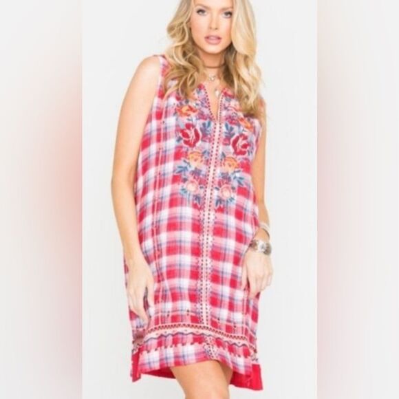 Johnny Was Nadia Peasant Tank Dress Plaid Red Embroidered Boho Sleeveless Large - Picture 1 of 14